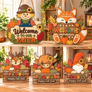 Può includere: Una collezione di cinque insegne in legno a tema autunnale. Due insegne appese presentano uno spaventapasseri con il testo Welcome To Our Patch e una volpe con il testo welcome. Tre insegne a forma di cassa presentano un cervo, una mucca highland e uno gnomo con il testo Happy Fall Y'all.