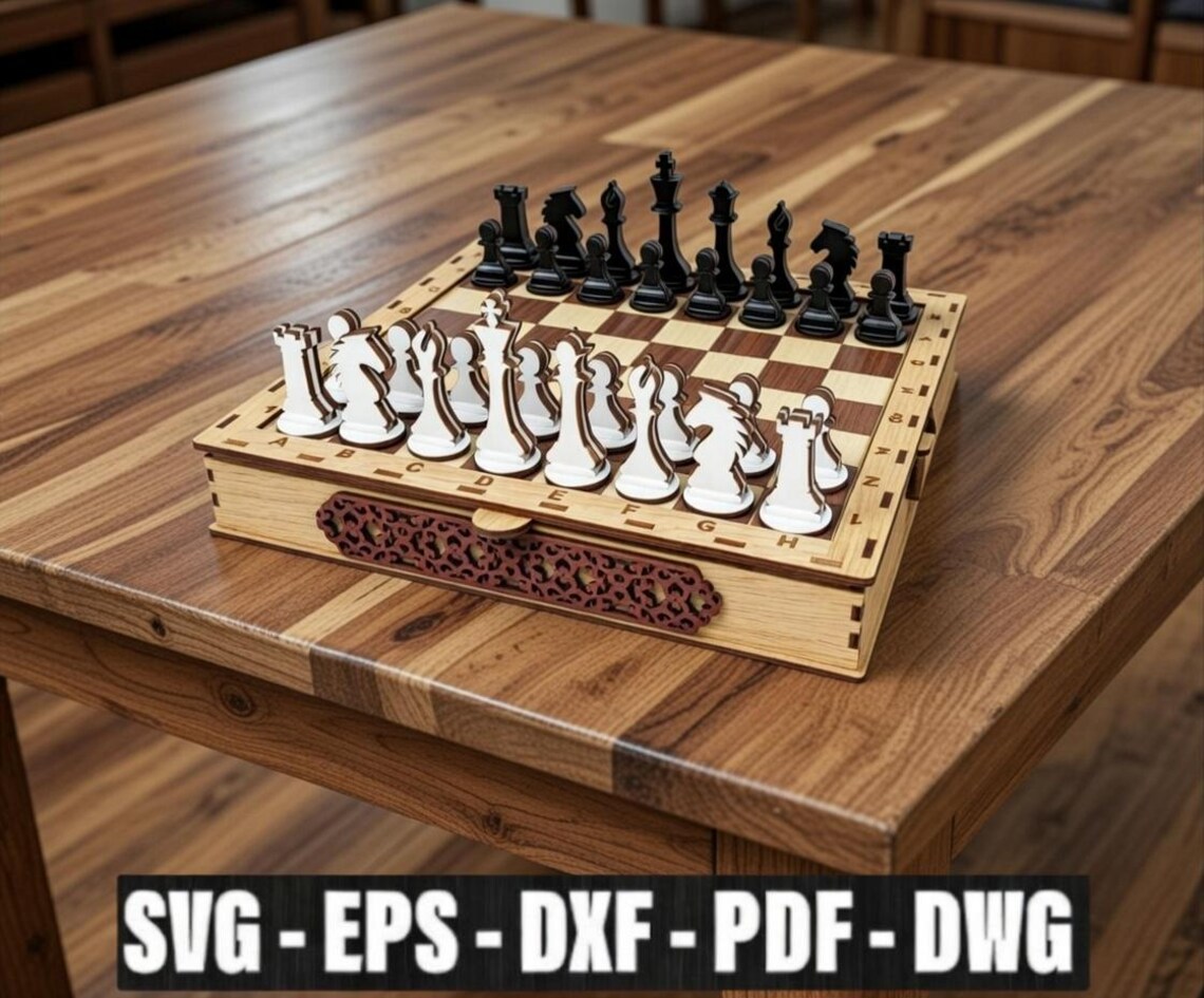 Laser Cut Chess Set SVG Files, Wooden Chess Board Dxf Svg Eps Pdf Dwg ...
