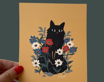 Eco cat card art print Cute black cat in the garden with flowers