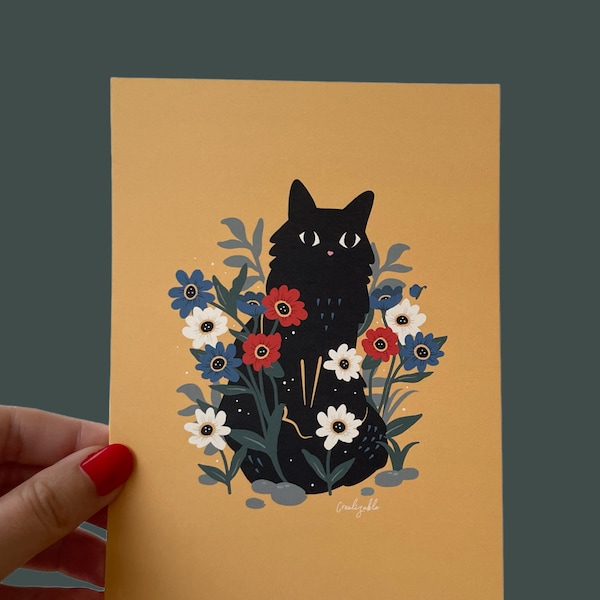 Eco cat card art print Cute black cat in the garden with flowers