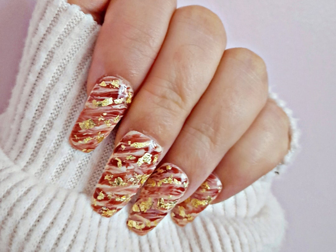 Brown Marble Nails Autumn Nails Brown and Gold Nails Press Etsy