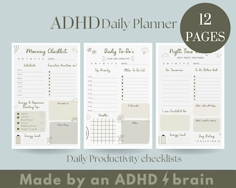 Paquete de lista de verificación diaria de TDAH para planificación y productividad / Descarga instantánea / Planificador de productividad de lista de tareas pendientes / Planificador diario de TDAH para adultos