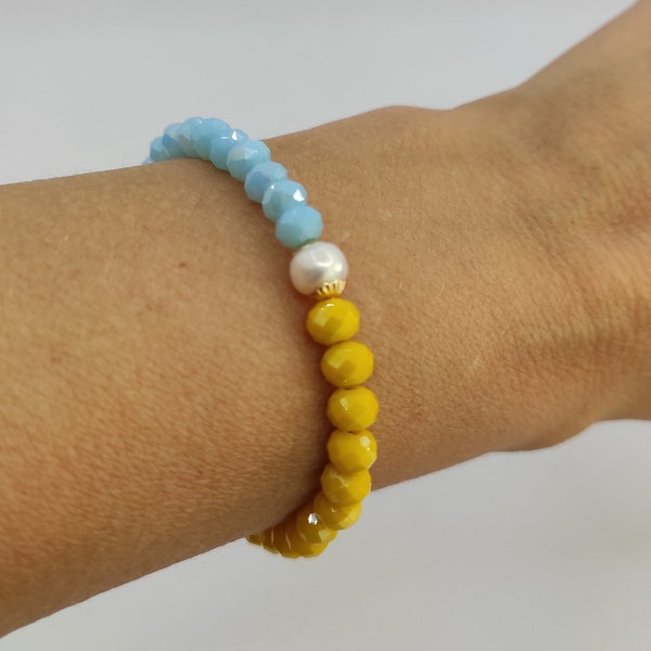 PATRIOTIC UKRAINIAN BRACELET with a natural pearl Stand with Ukraine Help Ukraine Donate Support Help blue and yellow bracelet