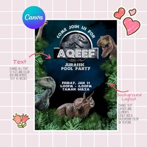 Peut inclure: Une invitation bleue et verte pour une fête de piscine Jurassic. L'invitation présente une silhouette de dinosaure et le texte "Come Join Us For Aqeef Jurassic Pool Party Friday, Jan 31 1.00PM - 6.00PM Taman Gulza".