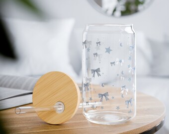 Pastel Blue Ribbon Star Moon Simple Minimalist Sipper Glass, BPA Free, Great for Iced Coffee, Tea, Lemonade, Sipper Glass, 16oz