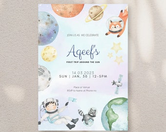 Astronaut Theme Birthday Invitation | Galaxy Blast Off Birthday | Planets Rocket Ship Invitation| Canva Template | Outer Space Birthday Card