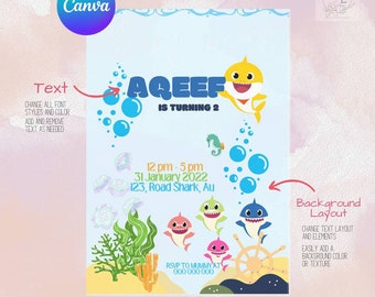 Plantilla de invitación de cumpleaños de Baby Shark: Tarjeta editable de Canva