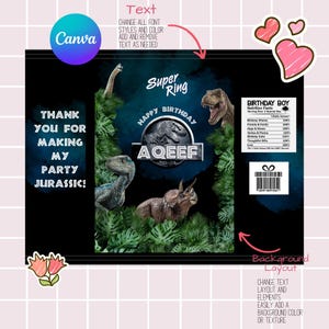 Jurassic World Pool Party Geburtstags-Chip-Tüte Vorlage Canva bearbeitbare Digital Kids Party Goodies Vorlage