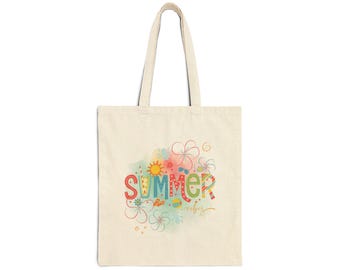 Summery Cotton Canvas Tote Bag, Eco-Friendly Shopping Bag, Beach Tote, Summer Vibes, Reusable Charity Tote, Floral Design