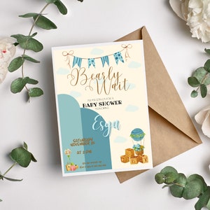 Invito per baby shower Tema blu beige per ragazzo e ragazza Papà e mamma in arrivo Festa a sorpresa per baby shower Festa per neonati