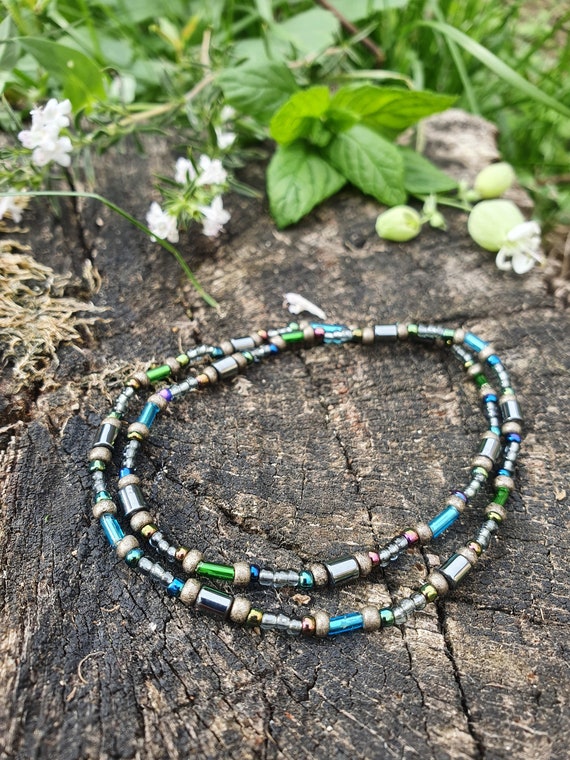 Double Wrap bracelet/elastic Choker and Handmade Seed Beads