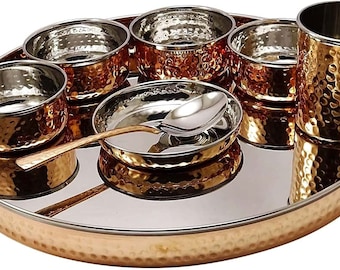 Indian Crockery Stainless Steel Copper Hammered Traditional Set of Thali Plates, Bowls, Glass and Spoon Serving Tableware