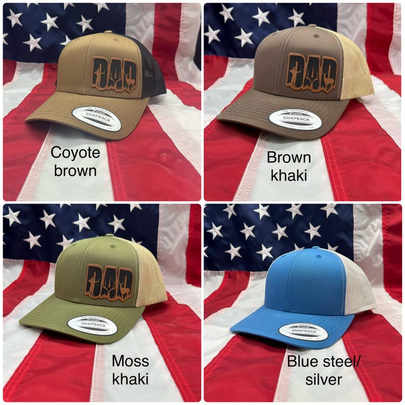 May include: Four trucker hats with a brown leather patch that says "DAD" in a stylized font. The hats are in four different colors: coyote brown, brown khaki, moss khaki, and blue steel/silver.