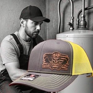 Skull Wrench Plumbing Hat Funny Trucker Cap for Blue Collar Men American Workwear Richardson 112 Style Gift for Him Christmas Fathers Day
