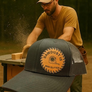 May include: Black trucker hat with a leather patch featuring the text "SAWDUST IS MAN GLITTER" around a saw blade and tape measure design. The hat has a mesh back and a curved brim.