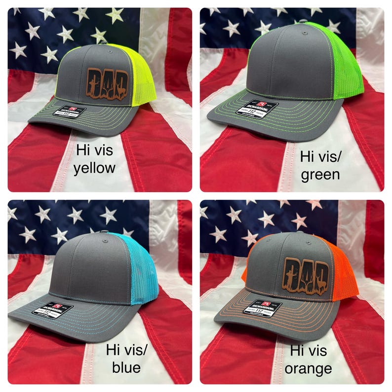 May include: Four trucker hats with a gray crown and a mesh back. The hats have a brown leather patch with the word "DAD" on the front. The mesh back is available in four colors: yellow, green, blue, and orange.