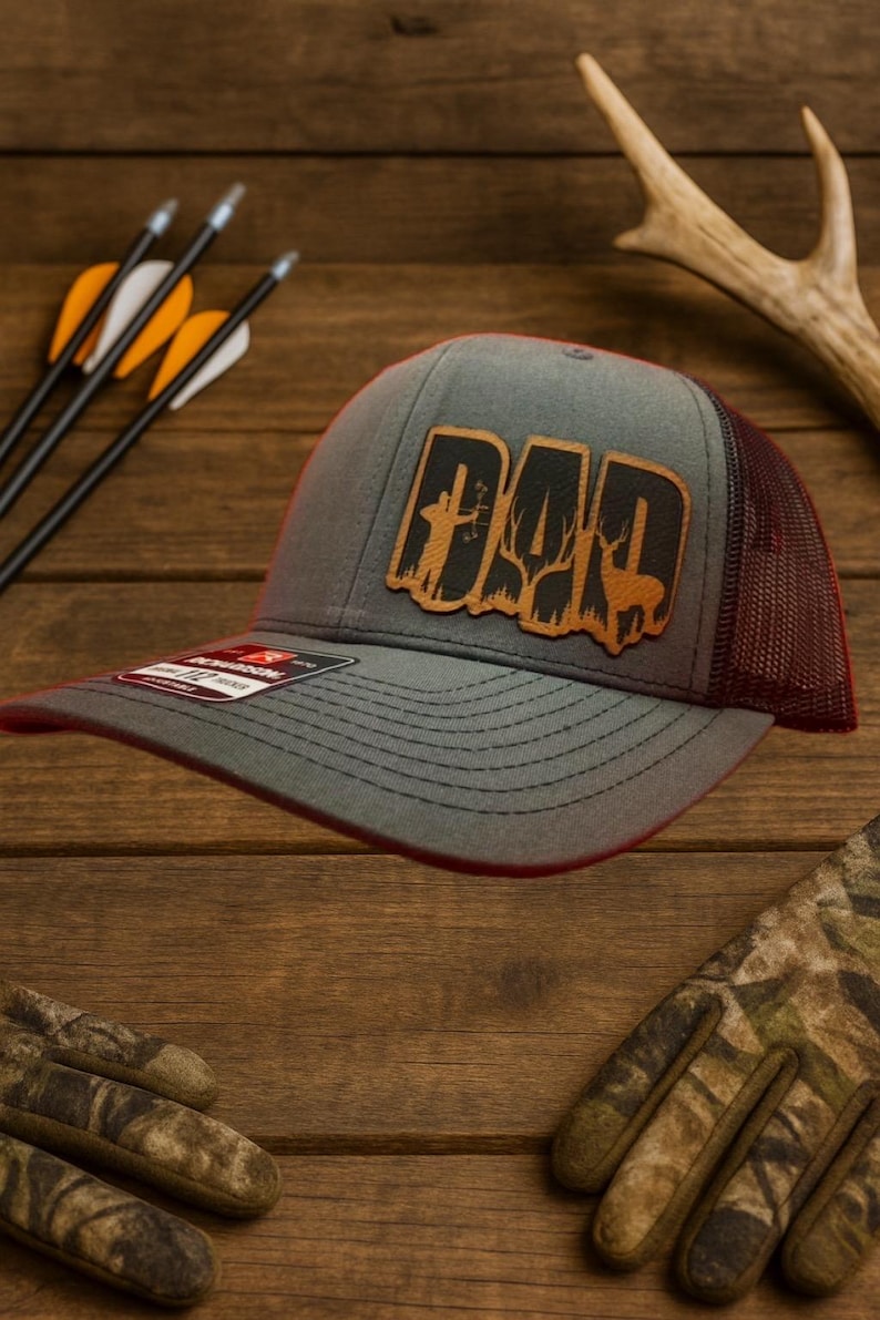 Personalized Hunting Hat for Dad Bow Hunter Snapback with Engraved Leather Patch Custom Richardson 112 Yupoong Gift for Him outdoorsman gift grey/black