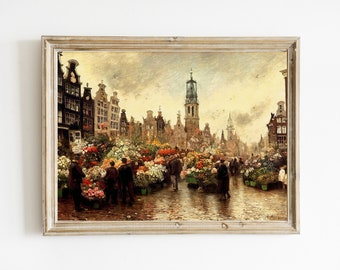 Amsterdamse bloemenmarkt print | Vintage Amsterdam afdrukbare muurkunst | Amsterdams Schilderij | Amsterdamse kunst aan de muur