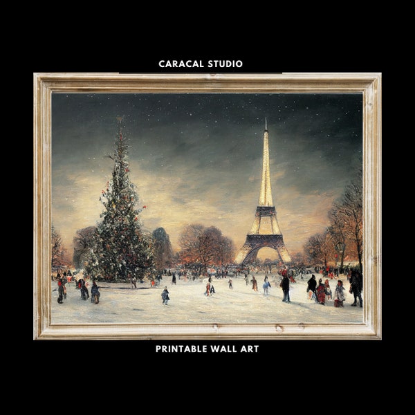 Christmas in Paris Vintage Printable Wall Art | Paris Christmas Eiffel Tower | Rustic Muted Christmas Wall Art | Digital Download