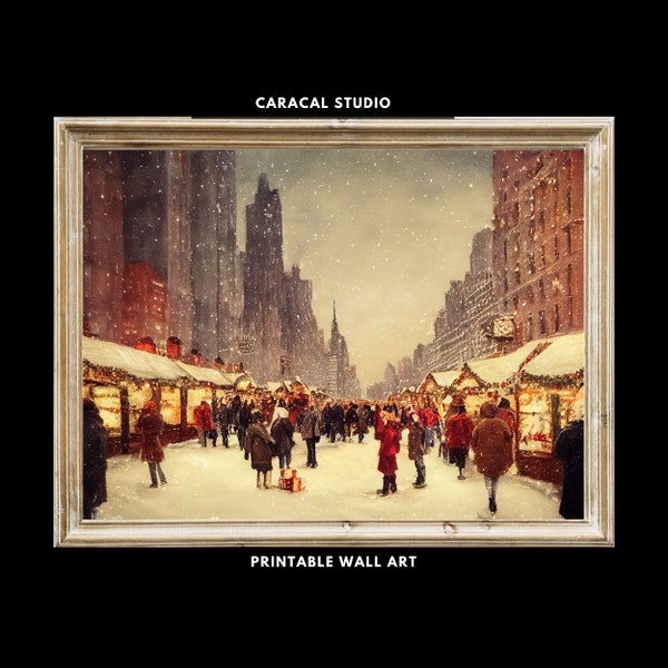 Vintage Christmas Market Printable Wall Art | Christmas in Manhattan New York | Christmas Winter Prints | Digital Download