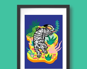 Tiger Illustration Print, Rauptier Poster, Wildlife Wall Art, Cat Picture, Room Deco, DIN A3 Living Room Bedroom Wall Decoration