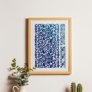 Blaues chinesisches Muster Print, abstraktes Blumen Poster, Vintage Blumendruck, blaue Blumen, Aquarell minimalistisches Dekor, Blumendruck gerahmt