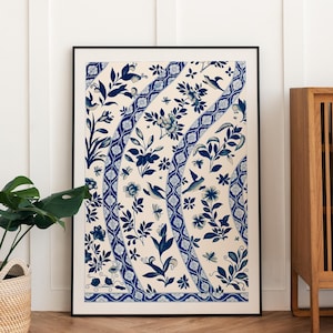 Marineblaues Print Poster, marineblauer Blumendruck, Vintage Blumendruck, blaue Blume Pflanze, Aquarell Ornament Dekor, Blumendruck gerahmt