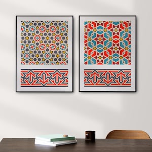 Rödblå grå set med 2 tryck | Arabiskt tryck inramat | Set med 2 geometriska affischer inramade | Islamiskt konsttryck | Stjärnor diamanter mosaik
