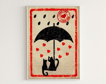 Cats with Umbrella Framed Print | Watercolor Cat | Pet Print Framed | Funny Cat Decor Print | Animal Illustration Print | Cat Love Wall Art