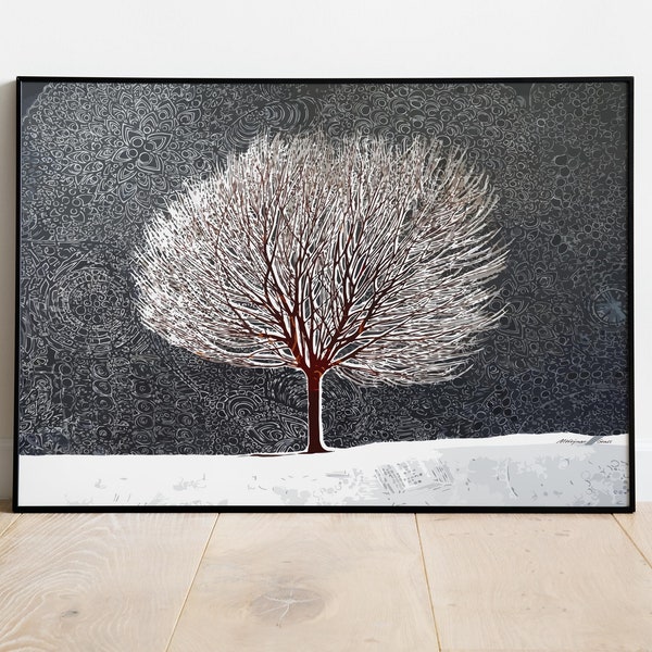 Arbre d'hiver des quatre saisons | Impression d'arbre abstrait avec cadre | Cadre imprimé arbre | Arbre saisonnier | Art des quatre saisons | Impression Giclée