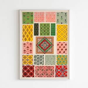 Oriental Yellow Green Red Print Framed, Tiles Print, Vintage Persian Print, Multicolor Poster, Folk Pattern Decor, Floral Print Framed