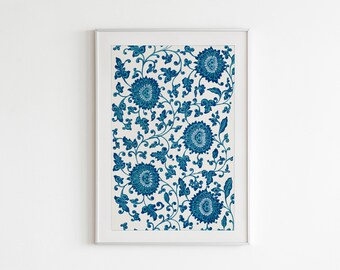 Blue Wall Decor Poster, Abstract Flower Poster, Vintage Flower Print, Blue Flower Pattern, Watercolor Minimalist Decor, Floral Print Framed