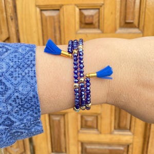 Evil Eye Wrap Bracelet: Navy Blue Crystal Beads, Gold Accents