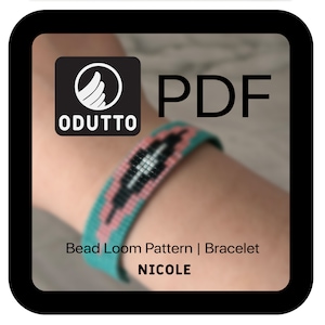 May include: PDF download for a bead loom bracelet pattern called "Nicole". The bracelet is turquoise, pink, and black with a geometric design. The pattern is from Odotto.