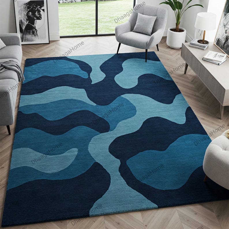 Hand Tufted Wool Area Rug, Modern Blue Abstract Wave Design - Etsy