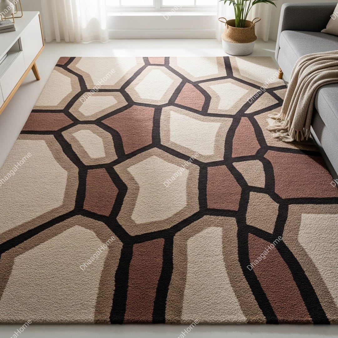 Hand Tufted Wool Area Rug, Brown Beige Geometric Design - Etsy