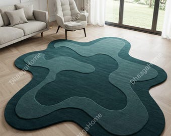 Hand-Tufted Wool Rug, Modern Teal Blue-Green Abstract, Irregular Amoeba Shape