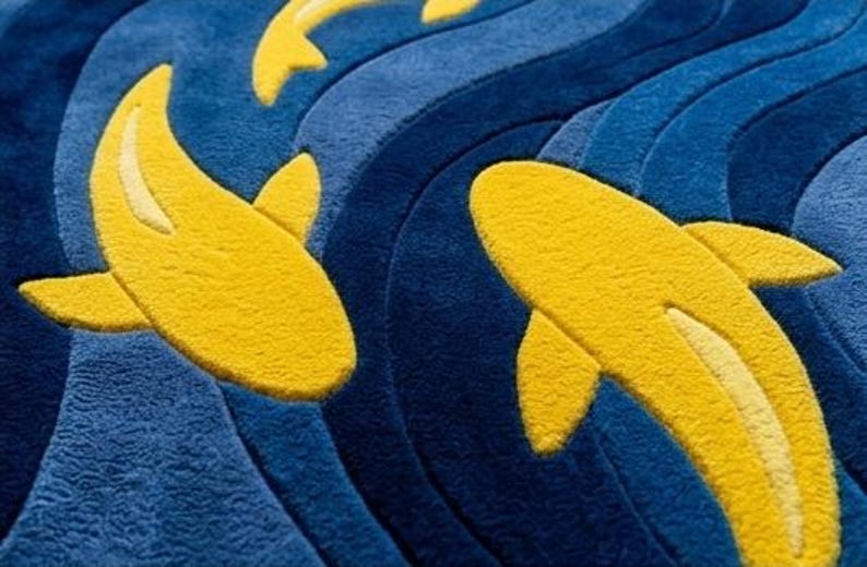 Hand Tufted Koi Fish Rug, Blue Abstract Waves, Yellow Fish Modern ...