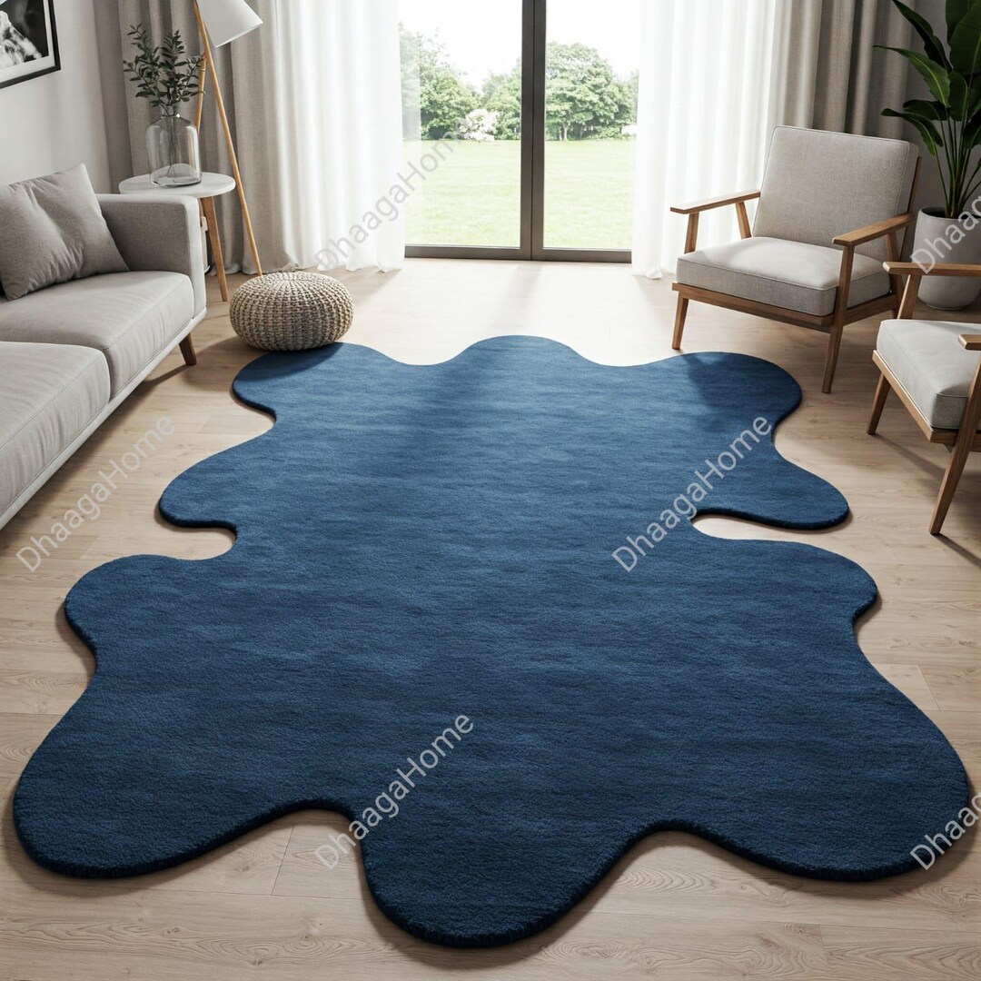 Solid Blue Abstract Hand Tufted Wool Rug, 8x10 Modern Bedroom Rug, 9x12 ...