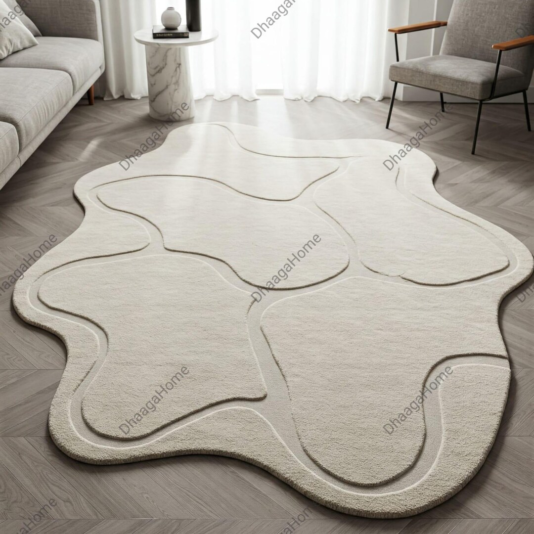 Solid Light Beige Abstract Hand Tufted Wool Area Rugs, 8x10 Irregular ...
