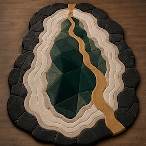 Può includere: Un tappeto con un motivo centrale geometrico a sfaccettature verde scuro circondato da fasce ondulate concentriche color crema e beige. Un sentiero sinuoso giallo oro attraversa gli strati, bordato da un contorno grigio scuro irregolare.