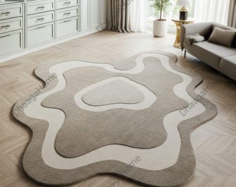 Hand Tufted Wool Rug, Off White Beige, Irregular Amoeba Shape