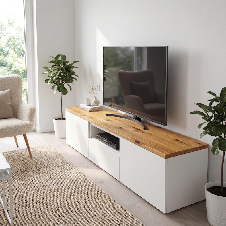 May include: A modern white TV stand with a natural wood top. The stand features two doors and an open shelf for media components. A large flat-screen TV sits on top. The room includes a beige rug and potted plants.