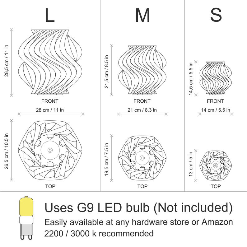 May include: A technical diagram showing three sizes of a spiral-shaped lamp, labeled L, M, and S. Dimensions are provided in cm and inches for front and top views. The graphic specifies the product uses a G9 LED bulb, which is not included.