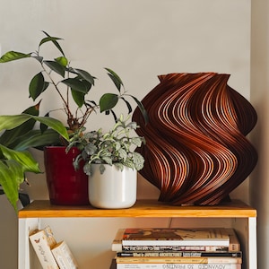 May include: A 3D-printed vase with a dark copper and black spiraling wave pattern, positioned next to a green plant in a red pot and a smaller green plant in a white pot, all resting on a wooden shelf above a stack of various books.
