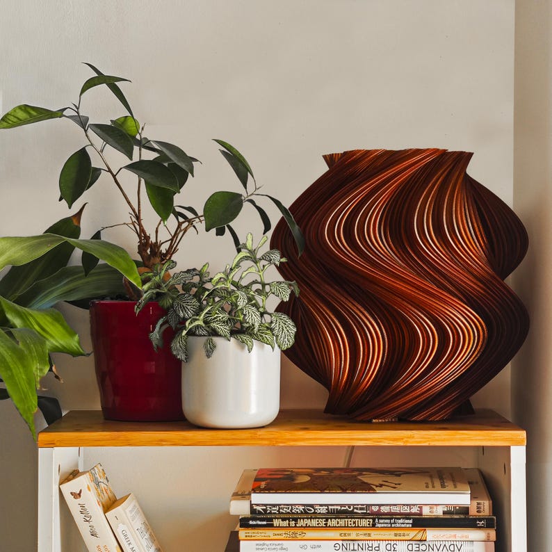 May include: A 3D-printed vase with a dark copper and black spiraling wave pattern, positioned next to a green plant in a red pot and a smaller green plant in a white pot, all resting on a wooden shelf above a stack of various books.