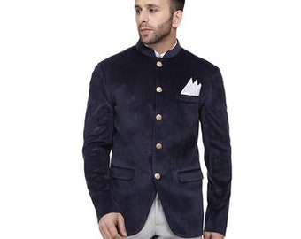 Asian Wedding Jodhpuri Bandhgala Designer Elegant Hand-Made Blue Velvet Blazer