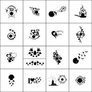Puede incluir: Un conjunto de 17 diseños de esfera de reloj en blanco y negro con varios temas, incluyendo corazones, pájaros y una casa. Los diseños son para corte por láser y tienen un tamaño de 3 mm.