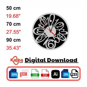 Könnte beinhalten: Eine schwarze und silberne runde Uhr mit einem einzigartigen offenen Design. Das Zifferblatt hat stilisierte Zahlen und Zeiger mit einem roten Sekundenzeiger. Erhältlich in den Größen 50 cm, 70 cm und 90 cm. Der Text "Digital Download" ist ebenfalls enthalten.