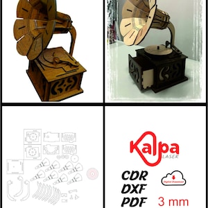 May include: A wooden model of a vintage gramophone with a detailed design. The model is assembled and disassembled in the image, showing the individual pieces. The image also includes the text "kalpa LASER", "CDR", "DXF", "PDF", "Digital Download", and "3 mm".